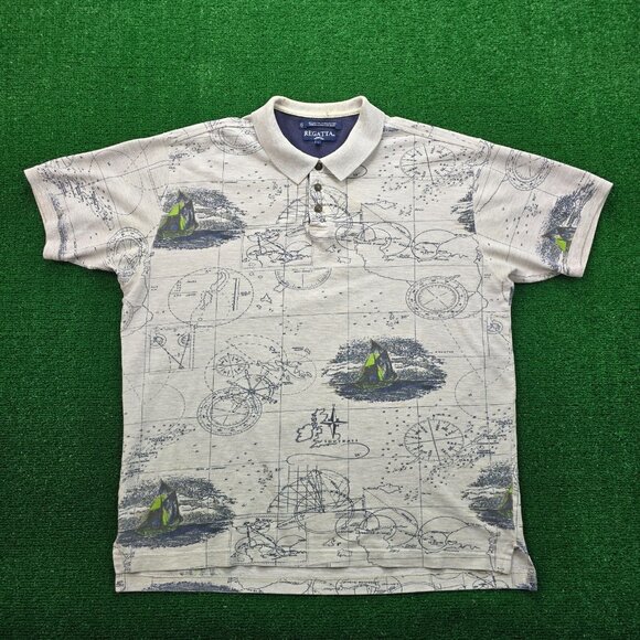 Regatta Polo Shirt‎ Mens Large/XL Gray Short Sleeve Golf Casual Map Print AOP - Picture 1 of 9